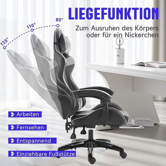 Ергономічне ігрове крісло, офісне крісло, регульоване по висоті, комп&39ютерне крісло зі штучної шкіри, з підголівником та поперековою опорою, поворот на 360 (сіре)