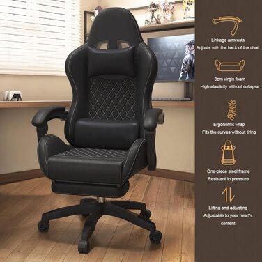 Ігрове крісло, комп&39ютерне крісло, поворотне, з можливістю нахилу, офісне крісло, зручне ігрове крісло, спальня, офіс, вітальня, чорна підставка для ніг латексна подушка