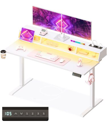 Ігровий стіл OffiGo, стіл з регульованою висотою 140 см, RGB-підсвічуванням та розетками, електричний стіл з 3 відкритими відділеннями для зберігання, тримач для напоїв та навушників, карбонова поверхня білого кольору