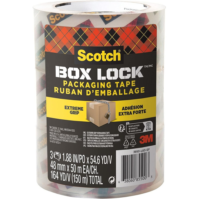 Пакувальна стрічка Scotch Box Lock - 3 рулони, 48 мм x 50 м - Міцна транспортна та пакувальна стрічка - Ідеально підходить для пакування посилок і коробок