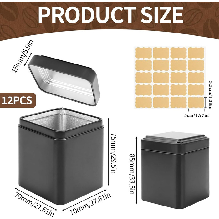 Класична квадратна чайна бляшанка, 12 металевих чайних бляшанок, контейнери для зберігання чаю, ароматичні, включає 20 етикеток для розсипного чаю, чайних пакетиків, кавових зерен, зберігання, 7 x 7 x 8,5 см