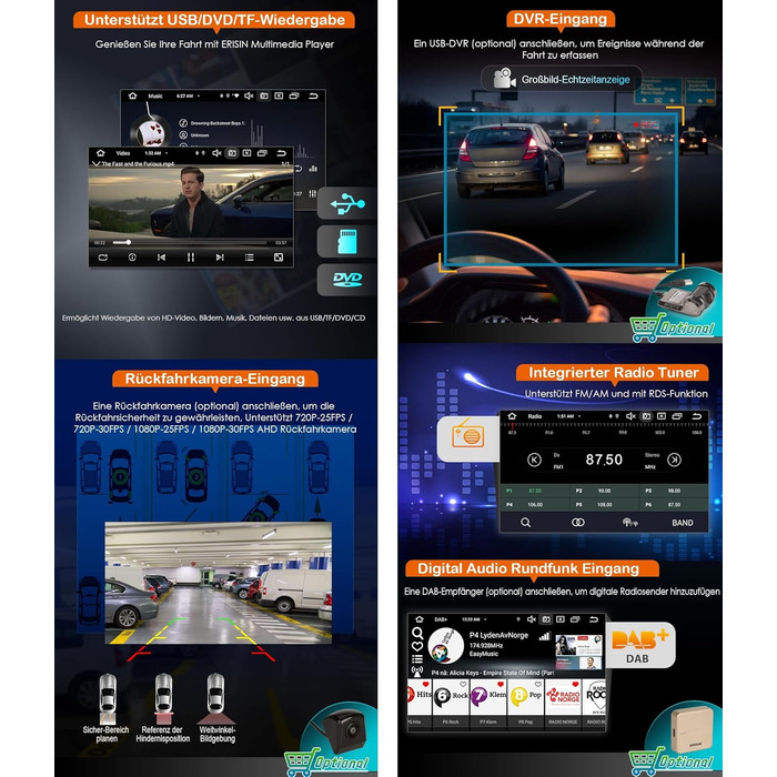 Автомобільний радіоприймач Erisin Android 14 4 ГБ ОЗП 64 ГБ ПЗУ 8-ядерний DVD GPS-навігація для Ford C-Max S-Max Focus Galaxy Kuga Connect Fiesta Transit 7-дюймовий сенсорний екран CarPlay Android Auto DABWiFi 4G Bluetooth 5.0 DSP OBD2 Чорний, з CD/DVD-пр