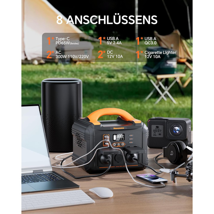 Портативна електростанція Newsmy 300 Вт/230 В x 2 виходи змінного струму (пік 600 Вт) Чиста синусоїда 236,25 Втгод LiFeMnPO4 акумулятор, сонячний генератор для кемпінгу/відпочинку на природі/аварійного/побутового блоку живлення 236 Втгод чорного кольору