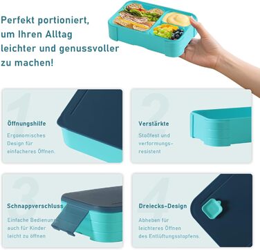 Ланчбокс дитячий з роздільниками 1100 мл - Непротікаючий контейнер для їжі з секціями 3-в-1 для школи - Штабельований бокс для перекусу з кришкою, без BPA, темно-синій