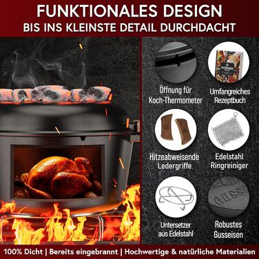 Голландська піч GUSSKNIG - чавунна каструля 2 в 1 4,8 л та чавунна сковорода 1,8 л - набір голландської печі з подвійною функцією