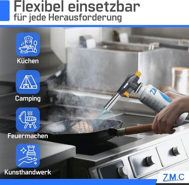 Газовий пальник Z.M.C 8 газових картриджів 227 г, пальник фламбе до 1300C, пальник Бунзена 1,3 кВт, паяльний пальник, кухонний пальник з регульованим полум'ям