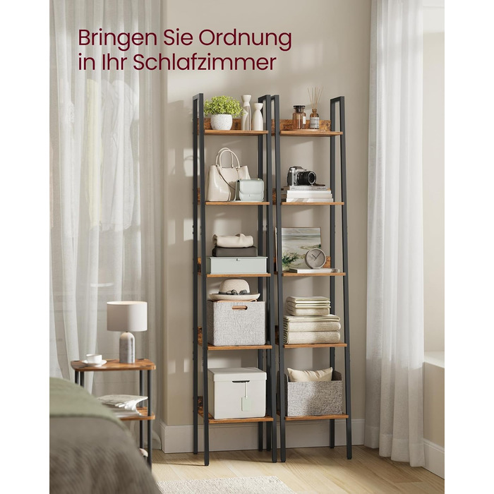 Книжкова полиця VASAGLE, драбина, 5 ярусів, вузька полиця, відкрита окремостояча полиця для кабінету, вітальні, спальні, кухні, промисловий дизайн, вінтажний коричневий-чорний LLS109B01 Вінтажний коричневий чорний 5 полиць (30 x 33,8 x 170 см)