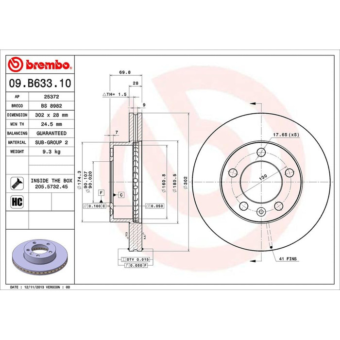 Комплект передніх вентильованих гальмівних дисків Brembo, Ø 302 мм (2 шт.), 09.B633.10