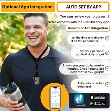 Крокомір із пристібкою для кроків, миль та калорій Працює окремо або з додатковим додатком Точний фітнес-трекер для приміщень та вулиці для чоловіків, жінок та людей похилого віку, 3D-