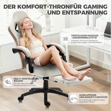 Ігрове крісло Dowinx з тканиною та розсувною та складною підставкою для ніг, ергономічне офісне крісло з гелевою подушкою та пружинною подушкою з кишеньковим механізмом, масажне ігрове крісло для дорослих, бежевого кольору Deluxe