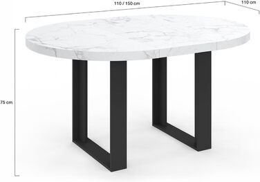 Розкладний круглий обідній стіл Phoenix, 4-6 осіб, стільниця під мармур білий Аляска, 110-150 см