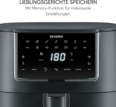 Аерофритюрниця Severin FryLight FR 2462 Single XXL, 7 л, 11 автопрограм, сенсорний дисплей, функція пам'яті та підігріву, антипригарне покриття, 1700 Вт, чорна