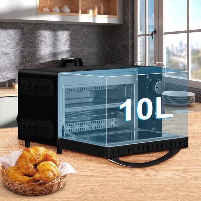 Міні-піч WANNYTON, духовка 10 л, 650 Вт, 100-230 C Таймер 0-60 хв. включно Деко для випікання Ручка для зняття решітки гриля, подвійні скляні дверцята, духовка для піци Торт Хліб, 36,5x22,28,5 см 10 л Чорний