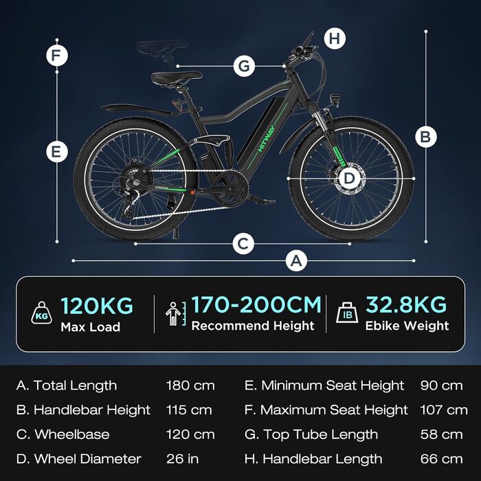 Електричний велосипед HITWAY E-Bike для дорослих 26 дюймів 4.0 Fat Tire, гірський електричний велосипед 48V 15Ah, Pedelec, 7 швидкостей, до 70-150 км, зарядний пристрій акумулятор 48V 15Ah, чорний