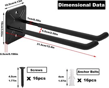 Настінний гачок Гараж, Важкі гачки для гаража, 4 шт. и Подвійні гачки Гараж, Гачки для зберігання в гаражі для організації драбини, стільця, шланга, велосипедів, електроінструментів, вантажопідйомність 80 кг 4 шт. и 12,4 дюймових гачків для гаража