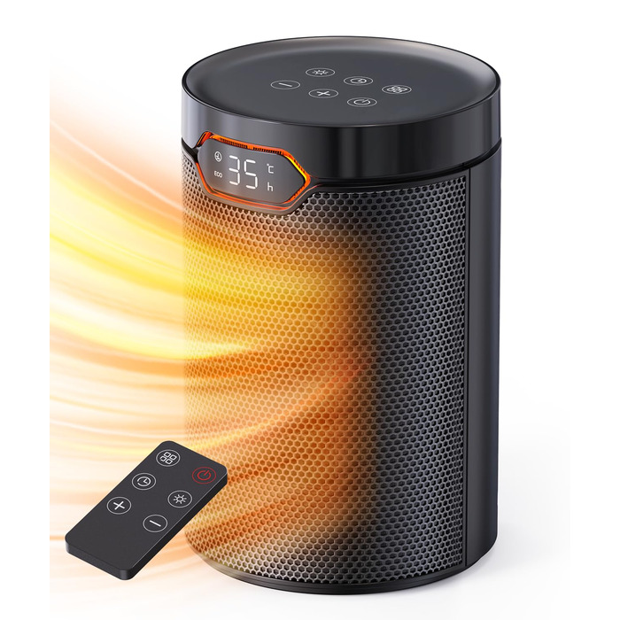 Тепловентиляторний обігрівач PTC потужністю 1500 Вт, енергозберігаючий з режимом ECO, 4 режими нагріву, режим бризу, термостат, 24-годинний таймер, пульт дистанційного керування, захист від перегріву та перекидання, портативний та тихий, для дому та офісу