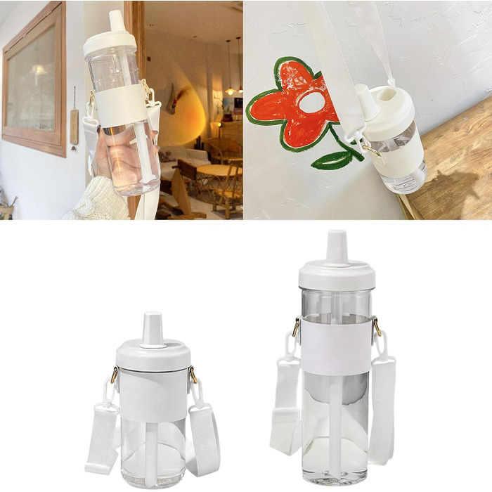 Чашка для пиття з плечовим ременем. Практична пляшка для води зі знімною трубочкою. Виготовлена з пластику. Для любителів напоїв. З плечовим ременем.