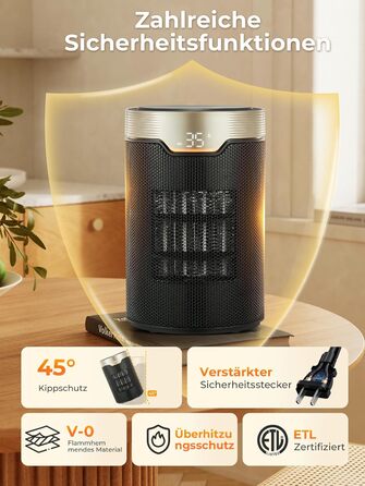 Енергозберігаючий електричний вентилятор-обігрівач, керамічний електричний вентилятор-обігрівач потужністю 1500 Вт з термостатом PTC, режим ECO, тиха робота, пульт дистанційного керування, 24-годинний таймер, захист від перегріву та перекидання, електричн