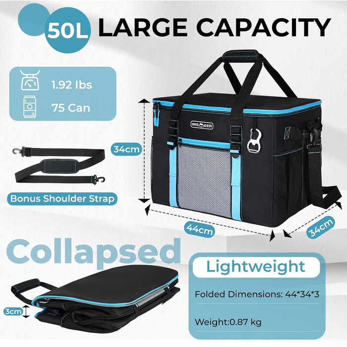 Велика сумка-холодильник 50 л, складна сумка-холодильник на 80 банок, складна/герметична з відкривачкою, велика сумка/холодильник для пікніка для кемпінгу, пляжу, пікніків, сімейних прогулянок на 4 особи, чорна