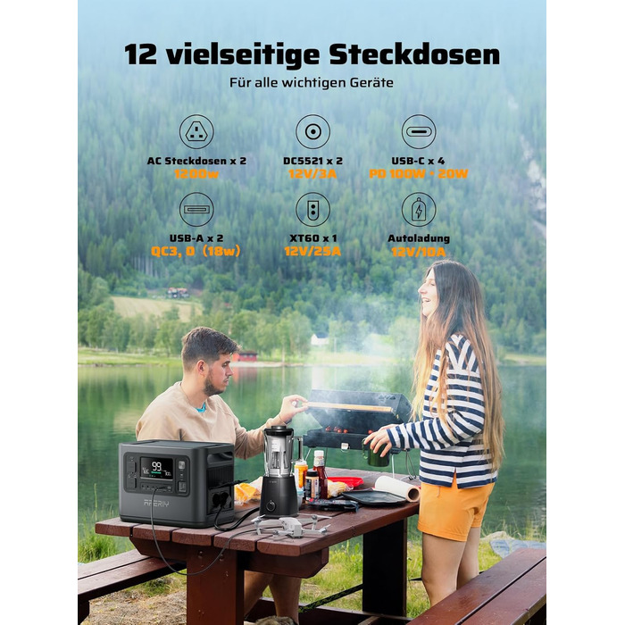 Портативна електростанція AFERIY потужністю 1200 Вт, LiFePO4 акумулятор ємністю 1008 Втгод та швидка зарядка за 1,2 години, 12 розеток, функція ДБЖ, чиста синусоїда 230 В, мобільний блок живлення з додатком для кемпінгу на природі, саду та надзвичайних си