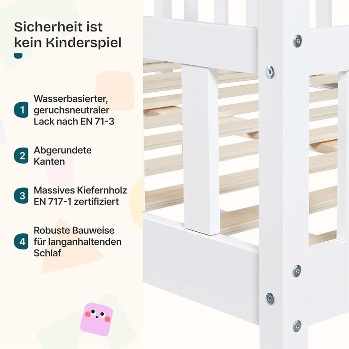 Дитяче ліжко Hesel, домашнє ліжко, біле, 90 x 200 см, із захистом від падіння та рейковою основою, підлогове ліжко Монтессорі, дитяче ліжко, дерев&39яне ліжко