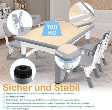 Дитячий стіл AufuN з 4 стільцями, комплект дитячих сидінь з регульованою висотою, комплект столу та стільців для дитячого садка та дитячої кімнати, простий у догляді стіл для малювання для класних кімнат, пластикові дитячі меблі, сірий