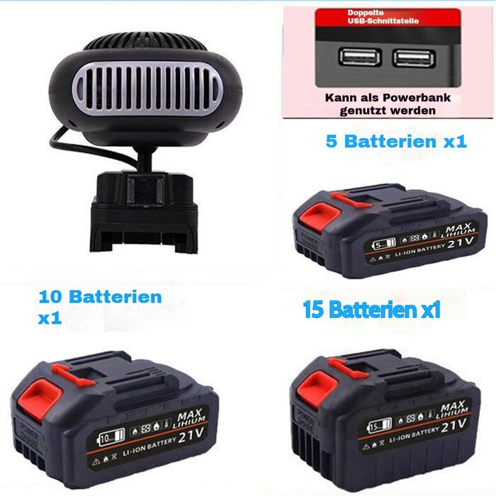 Автомобільний обігрівач на батарейках з обертанням на 360, обігрівач для паркування автомобіля, акумуляторний обігрівач з USB-портом для кемпінгу, намету, триколісного велосипеда, офісу, автомобіля, гольф-кара (2 батареї, 5 секцій) 2 батареї 5 секцій