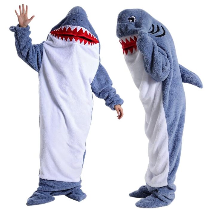 Толстовка з капюшоном FARYODI з акулою та рукавами S-XXL, толстовка з капюшоном та спальним мішком з акулою, фланелевий комбінезон з акулою та ніжками, фланелева ковдра з акулою, подарунок для мультяшних піжамних вечірок M (140-155 см) сіро-блакитна