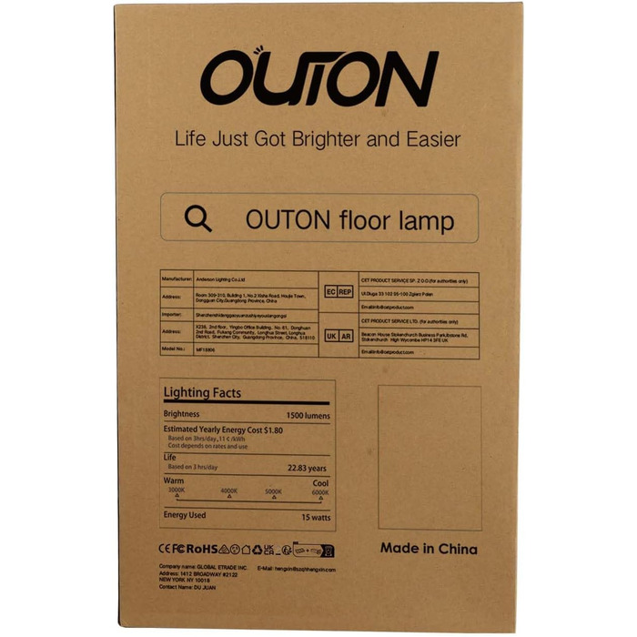 Торшер OUTON LED Dimmable 15 Вт 1500LM, лампа для читання з 4 колірними температурами, пульт дистанційного керування та сенсорне керування, таймер на 1 годину, освітлення для читання для вітальні, спальні, офісу, чорний