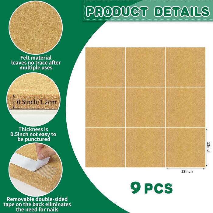 Настінний захисний екран для мішені для дартсу, фетровий настінний захисний екран для мішені для дартсу, самоклеючий зрощений настінний екран, задня фетрова плитка для мішені для дартсу, коркова подовжена квадратна дошка для дартсу - 9 шт.