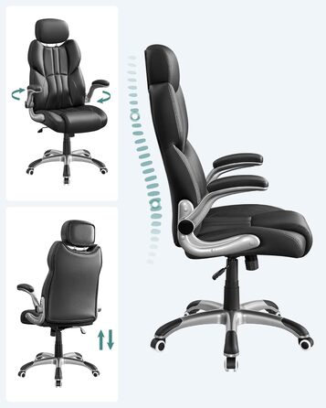 Офісне крісло SONGMICS, ігрове крісло, регульований підголівник, функція гойдання, письмове крісло, регульовані підлокітники, універсальні колеса, регульована висота, чорний колір OBG65BK