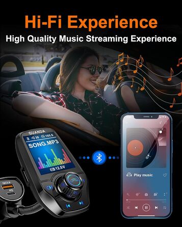 Передавач Bluetooth для автомобіля з 1,8-дюймовим кольоровим екраном Bluetooth Гучний зв'язок Bluetooth Автомобільний радіоадаптер 4 в 1 MP3-плеєр AUX 2 USB-порти SD/TF карта (QC3.0PD чорний)
