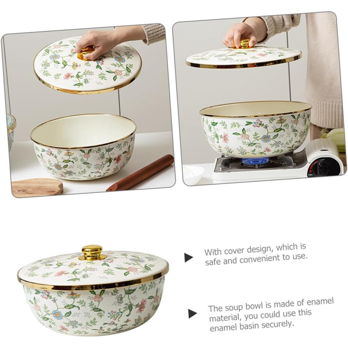Емальована миска для супу Alipis з кришкою, велика кухонна миска для змішування 29 см, багатоцільова емальована миска для зберігання та приготування їжі