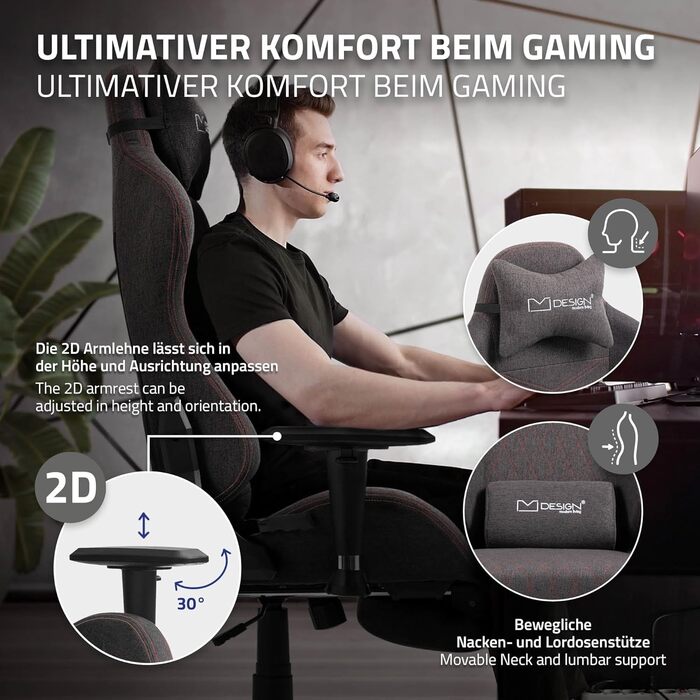 Ігрове крісло ML-Design, сіро-червоне, тканинне, ергономічне офісне крісло, регульоване поворотне крісло, гоночне ігрове крісло з підлокітниками, підголівником, поперековою подушкою, підставкою для ніг, робоче крісло, спортивне сидіння, крісло керівника