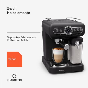 Кавоварка Klarstein Espresso Portafilter з піноутворювачем, міні-еспресо-машина 1.2 л з портафільтром, кавомашина потужністю 1350 Вт маленька кавоварка з нержавіючої сталі для капучино, латте та макіато Black Espressionata evo milk