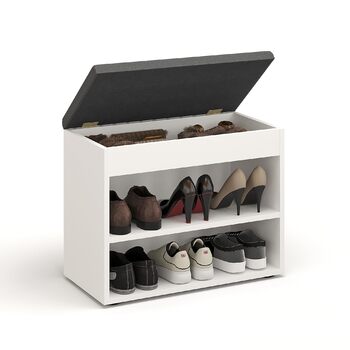 Лавка для взуття KOMTO з сидінням - Стелаж для взуття, лавка з місцем для зберігання, біла 60 x 48 x 32 см, Маленька шафка для взуття з лавкою, лавка для коридору, гардеробна лавка, Софія, біла Оббивка сіра 60 x 48 x 32 см