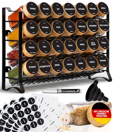 Підставка для спецій Deco haus, настінна та настінна З 28 БАНКАМИ ДЛЯ СПЕЦІЙ ТА ЕТИКЕТКАМИ - Органайзер для спецій - Органайзер для підставки для спецій - Підставка для спецій, підвісні підставки для спецій - Шафа для підставки для спецій, чорне сховище д