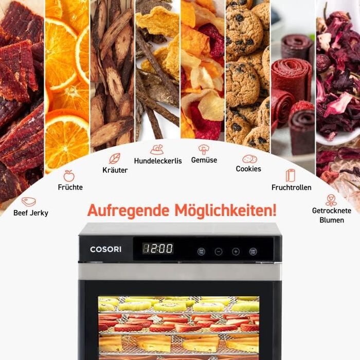 Дегідратор COSORI з нержавіючої сталі, дегідратор їжі з 50 рецептами, в т.ч. 6 лотків для дегідраторів з нержавіючої сталі, 3 решітки для дегідратора, 3 килимки для дегідратора, велика площа 0,6 м, таймер на 48 годин, світлодіодний дисплей (35-75C) і 650 