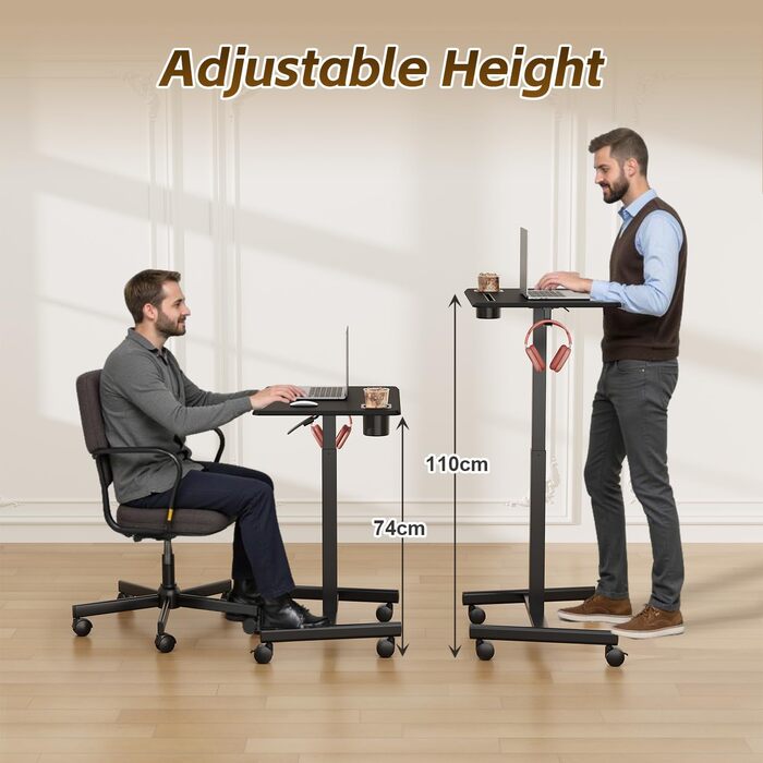 Мобільний стіл з регульованою висотою та колесами, Невеликий комп&39ютерний стіл з регульованою висотою, Стіл для роботи стоячи, 65 x 48 см, Чорний