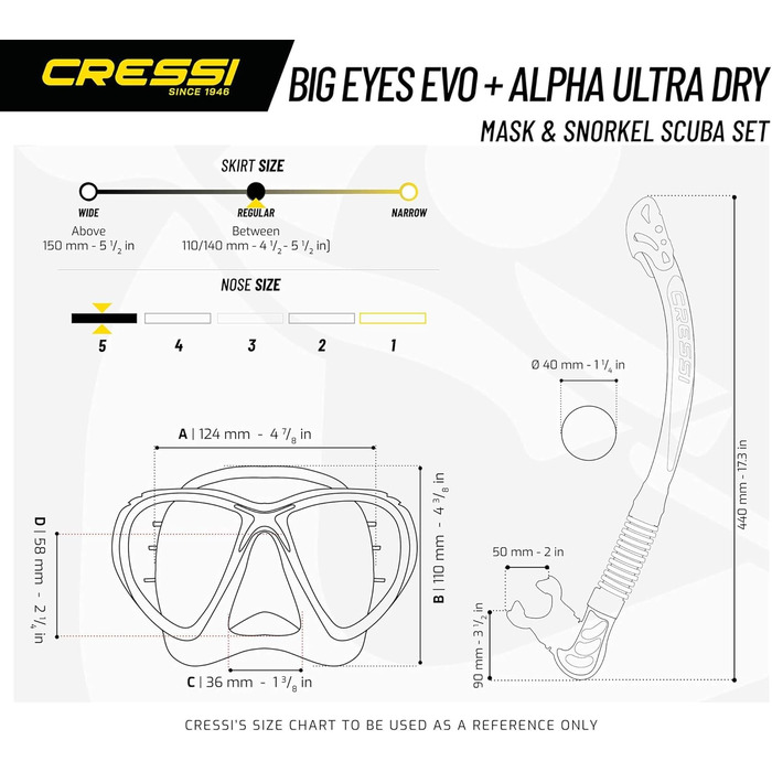 Маска для підводного плавання Cressi Big Eyes Evolution - Окуляри для дайвінгу для дорослих - Мінімальний внутрішній об&39єм - Набір швидкорегульованих пряжок, прозорий/жовтий