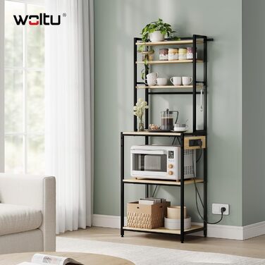 Кухонна полиця WOLTU на 6 рівнів з розетками, полиця для мікрохвильової печі з 6 гачками, полиця для пекаря з металевим каркасом, регульована полиця, чорнийсвітлий дуб, 60 x 167 x 40 см чорнийсвітлий дуб 60 x 39,5 x 167 см