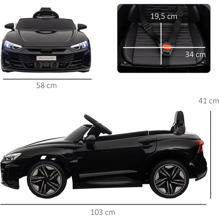 Дитячий електромобіль HOMCOM, дитячий автомобіль з пультом дистанційного керування, Audi RS e-tron GT дитячий автомобіль з ременем