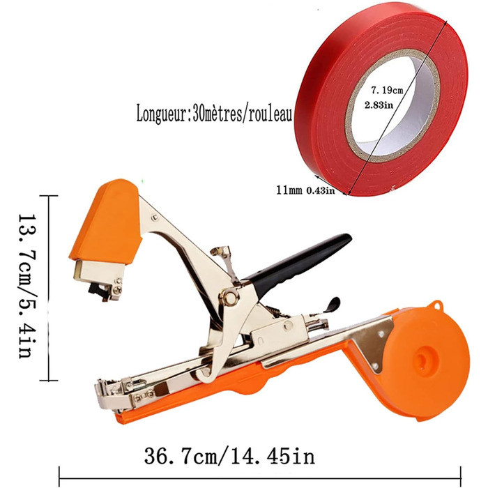Плоскогубці для підв'язування рослин Hironobu, машина для підв'язування рослин стрічкові плоскогубці tapetool ручна машина для підв'язування, стрічка та запасне лезо для винограду, малини, помідорів та овочів (помаранчевий)
