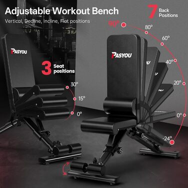 Регульована лава для штанги PASYOU з багатофункціональною тренувальною лавкою на 90 градусів, похила лава, швидко складана лава для жиму лежачи для домашнього використання, вантажопідйомність 400 кг, стійка для штанги