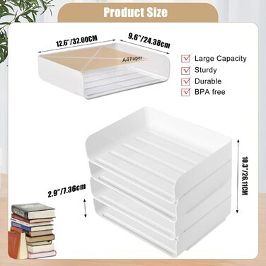 Настільний органайзер та органайзер для зберігання, 4-рівневий органайзер для лотків для листів, штабелюваний білий настільний органайзер, штабелювані лотки для документів, паперу, книг, журналів, офісного приладдя, 4 шт. и (упаковка 1) білий