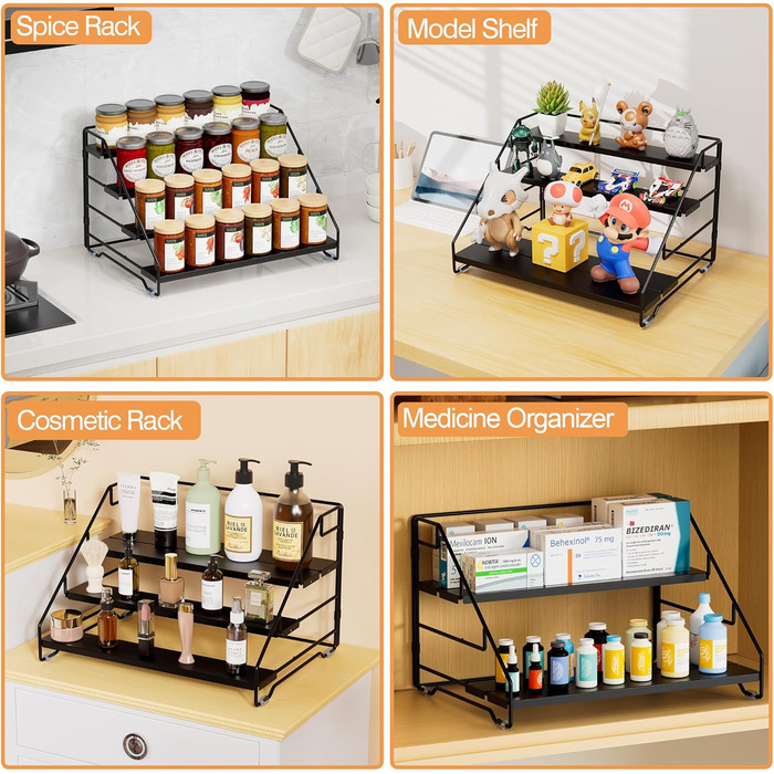 Рівнева підставка для спецій, металева регульована підставка для спецій, не потребує свердління, підставки для спецій для кухні, шафи та стільниці, органайзер для підставок для спецій (чорний), 4-