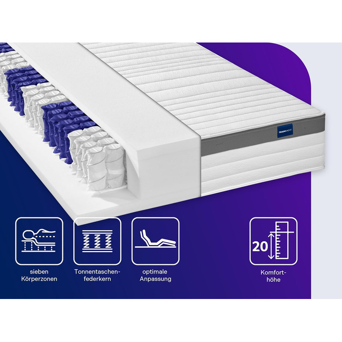Матрац Traumnacht Premium 7-Zone 500 з пружинами Pocket Spring, рівень жорсткості 4 (H4), 90 x 200 см, сертифікований ko-Tex, виготовлений відповідно до німецьких стандартів якості, рівень жорсткості 4 - жорсткий, 90 x 200 см