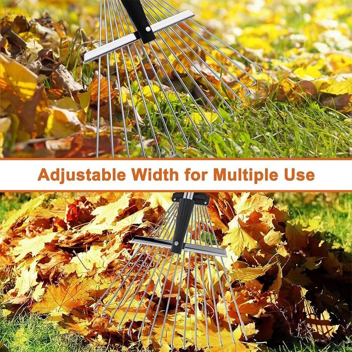 Регульований віяловий граблі з ручкою 215 см, металеві граблі для листя з рукавичками, садовий віяловий граблі для прибирання листя, рослин, газонів та подвір'я, сріблястий колір