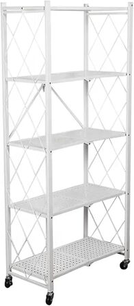 Складана полиця з колесами 5 полиць/відсіків Білий Вантажопідйомність 250 кг ВxШxГ 167x72x34 см Полиця для зберігання, металева полиця, складна полиця, 5 полиць, білий