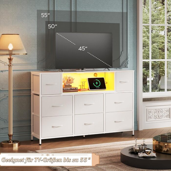 Комод WLIVE, 8 тканинних шухляд, комод з розетками, універсальний комод для спальні та вітальні, з міцним сталевим каркасом та дерев&39яною стільницею, 120 * 30 * 79 см (білий)